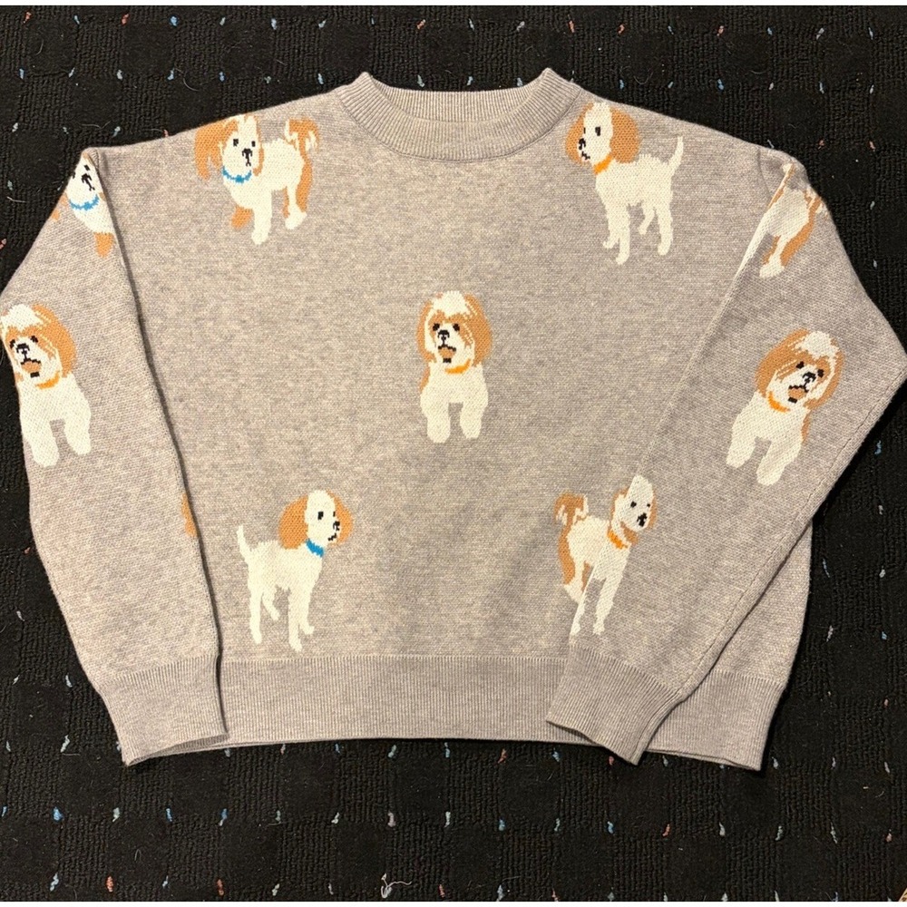 THML Golden Doodle Dogs Pullover Sweater Gray Women's XS High Crew Neck EUC
